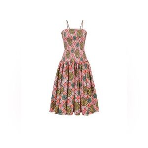 Autumn Adeigbo Pink Winnie Smocked Midi Dress Size 8 Multicolor Floral $555 NWT